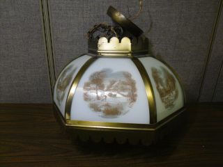 Currier Ives Antique - Brass Milk Glass Ceiling Pendant Light - Chandelier