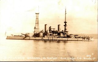 1911 Real Photo Postcard Of The Uss Oregon Battleship In San Diego Harbor Rppc