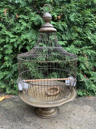 Large Antique Hendryx Brass Bird Parrot Cage Ceramic Feeders