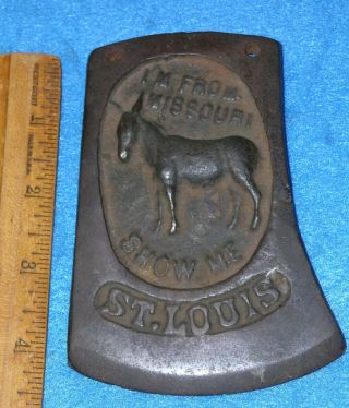 1904 St Louis World’s Fair Cast Iron Show Me Mule Hatchet Head Medal Plaque