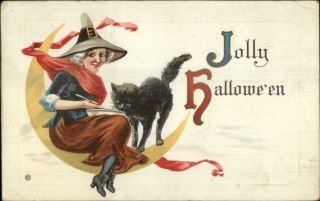 Halloween Witch & Black Cat In Moon Stecher 332d C1910 Postcard