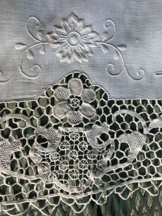lt ecru 16X 50 RUNNER LINEN hand embroidered / Italian needle lace edges vint 2