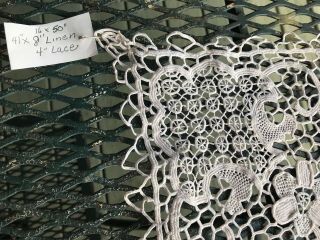 lt ecru 16X 50 RUNNER LINEN hand embroidered / Italian needle lace edges vint 4