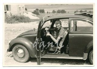 Studly Young Man In Open - Door Vw Volkswagen Beetle Car Old Automobile Photo