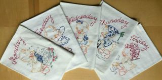 5 Vintage Flour/feed Sack Kitchen Towels Handmade Cotton Embroidered Nos