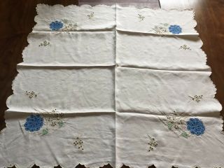 Vintage Square Linen Tablecloth Applique Embroidery Off White Blue Flowers 24441