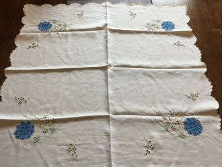 Vintage Square Linen Tablecloth Applique Embroidery Off White Blue Flowers 24441 2