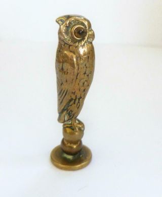 Antique Victorian Brass Owl Desk Seal With Glass Eyes 