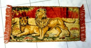 Vintage Velvet Tapestry Rug Wall Hanging Lion Lioness Made In Italy 37 " X 19
