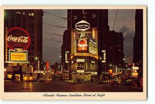 Atlanta Georgia Ga Vintage Postcard Peachtree St At Night Coca Cola Sign