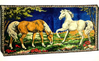 Vintage Italian Velvet Tapestry Horses Pasture Wall Hanging P&c Italy 40 " X 19 "