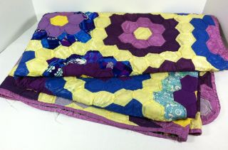 Vintage Grandmother’s Flower Garden Quilt Hand Pieced Quilted Purple Yellow