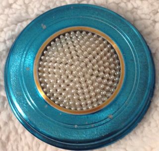 Powder Puff Music Box Vintage Aluminum Blue Iridized Metal Pearl Lid 4