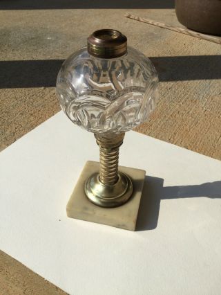 Whale Oil Lamp.  Brass Stem.  Marble Base.  Clear Glass Font With Linked Circles