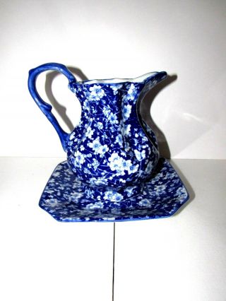 Vintage 7 " Water Pitcher And Platter Blue & White Ceramic