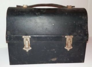 Vintage Black Metal Dome Top Lunch Box Work Pail - Leather Handle & Thermos