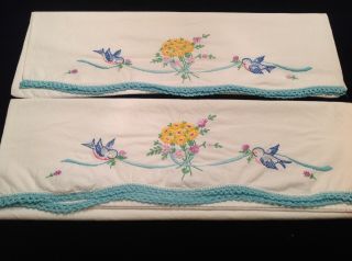Vintage Hand Embroidered Pillow Cases Bluebirds Yellow Flowers Aqua Crochet Edge
