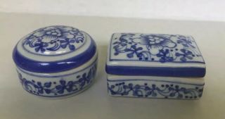 Vintage Chinese Porcelain Blue White Trinket Box With Lid Miniature Set Of 2