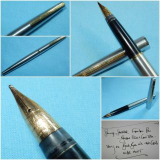 Vintage Sheaffer Fountain Pen - Brushed Steel - 14k Gold Broad Ball Nib Nr