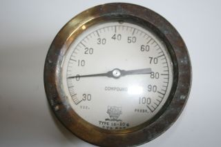 Antique Star Brass & Cast Iron Railroad Compound Pressure & Vacuum Gauge 2