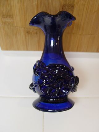 Cobalt Blue Blown Glass Vase With Ruffled Edge & Applied Flower & Leaves