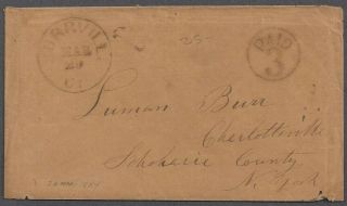 Burrville,  Ct Early Stampless Cover With Cds & Paid 3 Marking To Ny State 1854