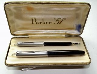 Parker 51 Aerometric Classic Black Pen Set Lustraloy Caps,  Case Vgc