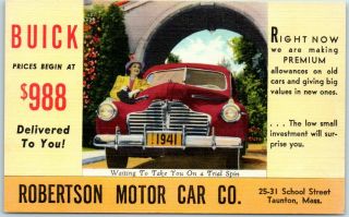1940s Taunton,  Mass.  Postcard Robertson Motor Car Co.  Buick Car Ad Linen