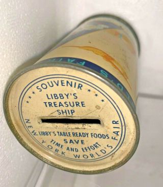 1939 WORLD ' S FAIR LIBBY ' S TREASURE SHIP SOUVENIR TIN LITHO TOY Penny BANK w plug 3