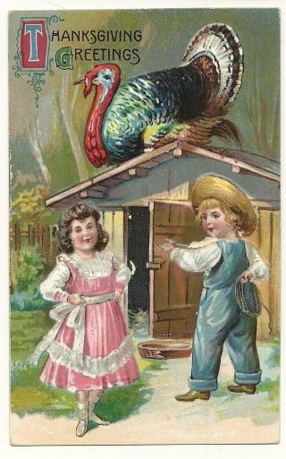 Boy Girl Out To Catch The Turkey Thanksgiving Children Postcard No 850