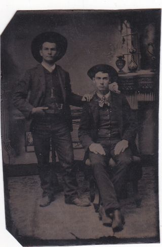 Civil War Era Tintype Photo Of Two Wild West Cowboys Posing For Photo