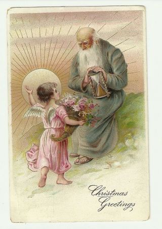 Early Raphael Tuck Father Time Cherub Angel Hourglass Christmas Postcard