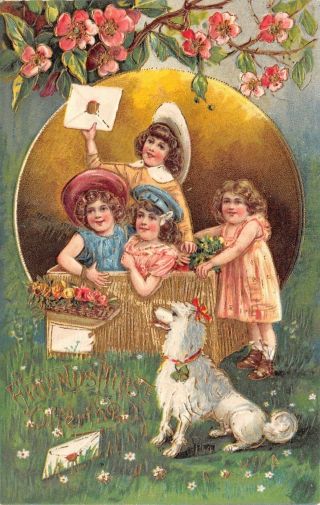 Victorian Girls In Wicker Basket Pink Blossoms Poodle Dog Gold Leaf Emboss 1908