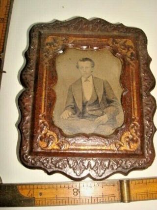 Fancy Antique Gutta Percha? Tintype Frame With Tintype Of A Young Man