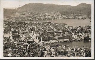 Bergen,  Norway - Aerial View - Rp Postcard,  Stamp 1938 Pmk