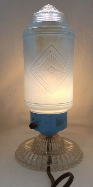 Vtg Electric Lamp Glass Art Deco Column Style Blue Paint 12 " Tall