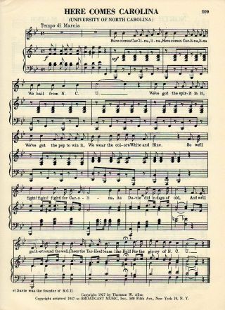 Vtg University Of North Carolina Song Sheet Music - Here Comes Carolina - 1930s