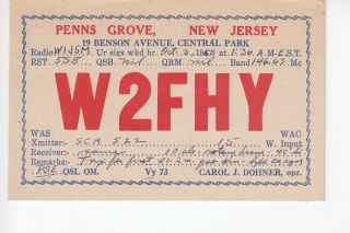 1950 Qsl Card W2fhy Penns Grove Nj