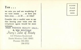 Vintage Advertising Postcard Wigs Harrys Beauty Salon Santa Monica CA Hairstyles 2