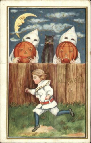 Halloween Boy Scared By Ghost Costumes Man In The Moon C1915 Postcard