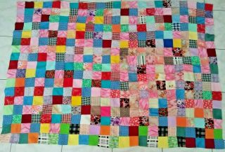 Vintage 60s/70s Handmade Quilt Topper Crazy Patchwork Squares Boho Mod 72x52