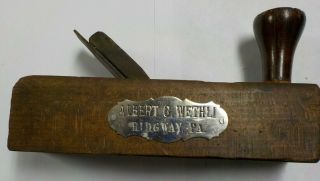 Antique Wood Block Plane Planer Hand Tool W/ Engraved Tag " A.  Wethli Ridgway,  Pa