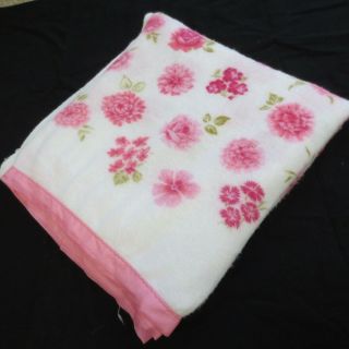 Vintage Pink Thermal Blanket Floral Roses Flower Print Binding Retro Bedspread