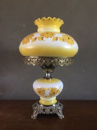 Vintage Gone With The Wind Glass Yellow Floral Hurricane Table Lamp 3 Way