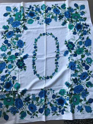 Vtg 60s 70s Retro Linen Printed Floral Blue Green And White Tablecloth