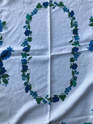Vtg 60s 70s Retro Linen Printed Floral Blue Green And White Tablecloth 2