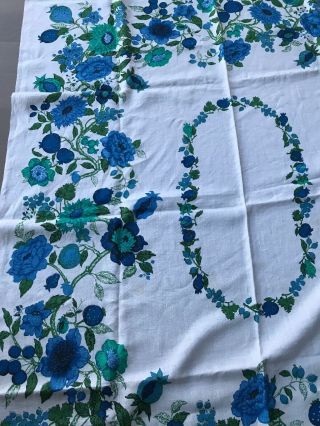 Vtg 60s 70s Retro Linen Printed Floral Blue Green And White Tablecloth 3