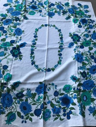Vtg 60s 70s Retro Linen Printed Floral Blue Green And White Tablecloth 4