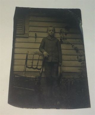 Antique Victorian American Adorable Fashion Boy House Backdrop Tintype Photo US 2