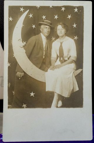 Couple In Paper Moon,  Photo Post Card 1911 " Before Our Marriage ",  Dangling Hand
